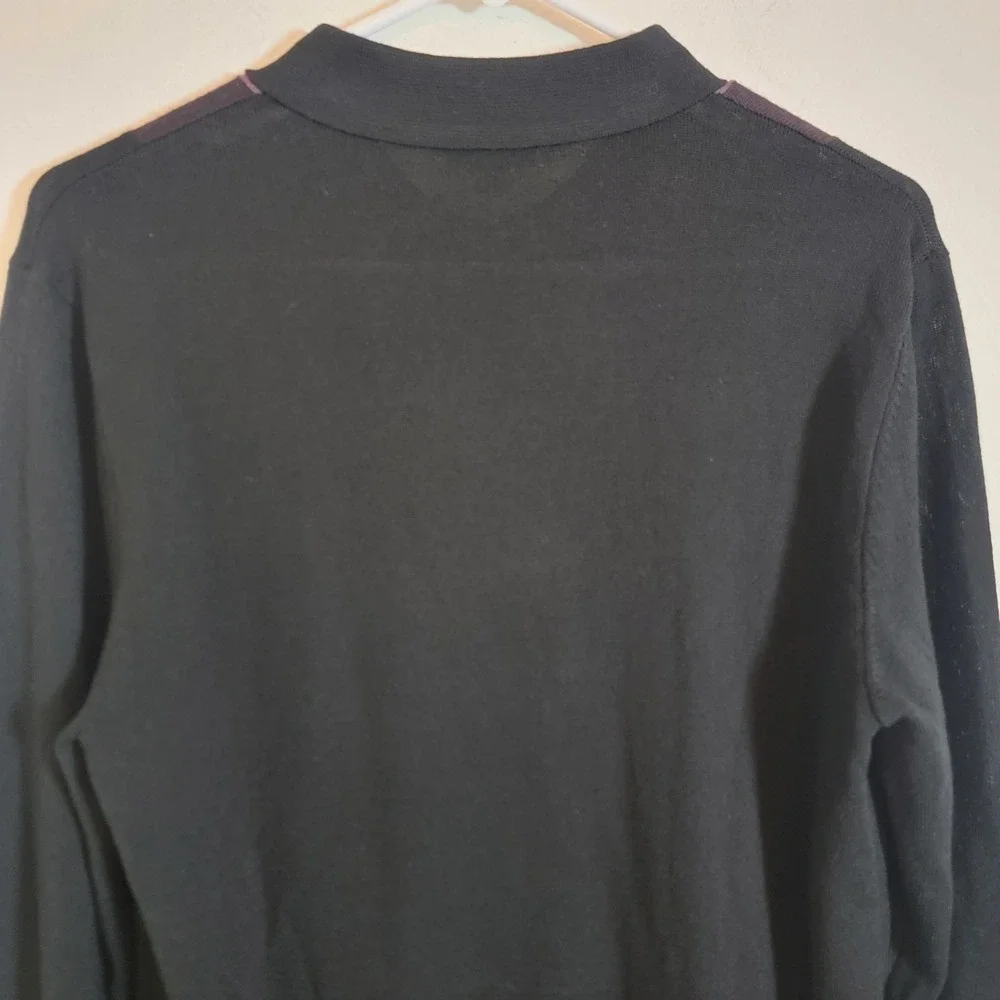 Express 100% Merino Wool Quarter Zip Polo Sweater Black Purple Stripe Medium